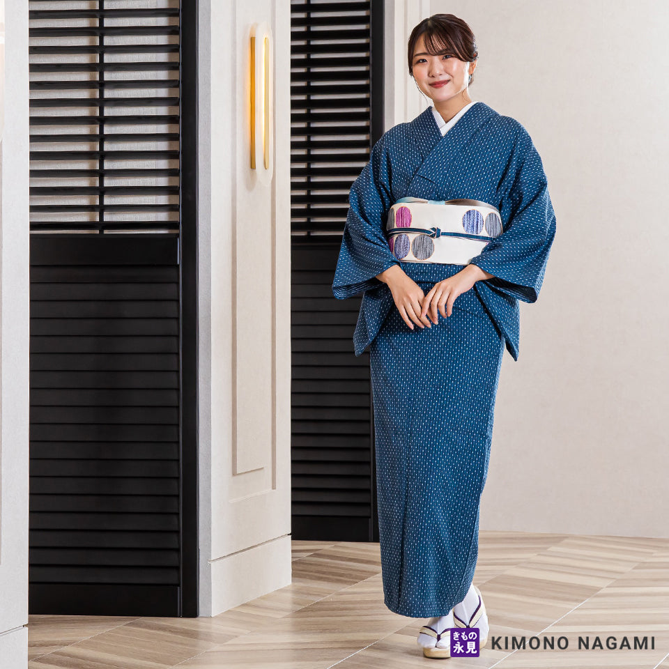 久留米絣│お仕立て上がり 洗える木綿きもの │フリーサイズ 花浅葱に