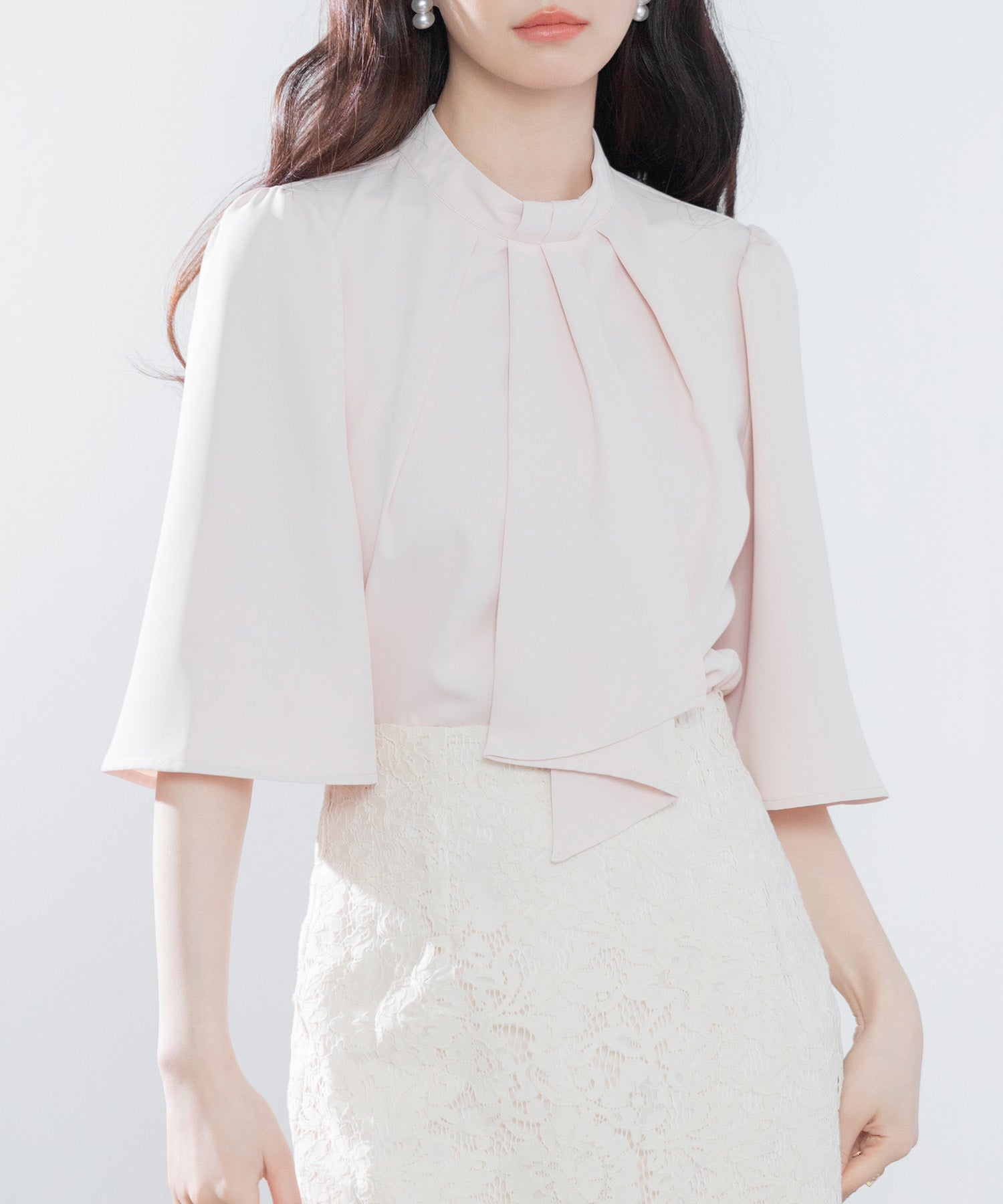 5分丈スリーブスタンドカラーブラウスsdp0199 ピンクベージュ – [公式