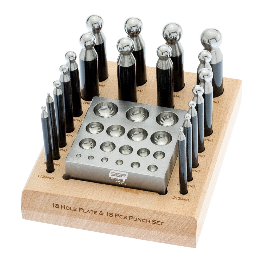 Dapping Punch Set,Block With 18 Punches on Wooden Stand 20Pc/2-IN