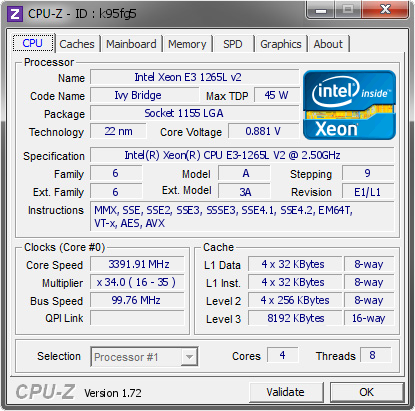 Intel Xeon E3 1265L v2 @ 3391.91 MHz - CPU-Z VALIDATOR