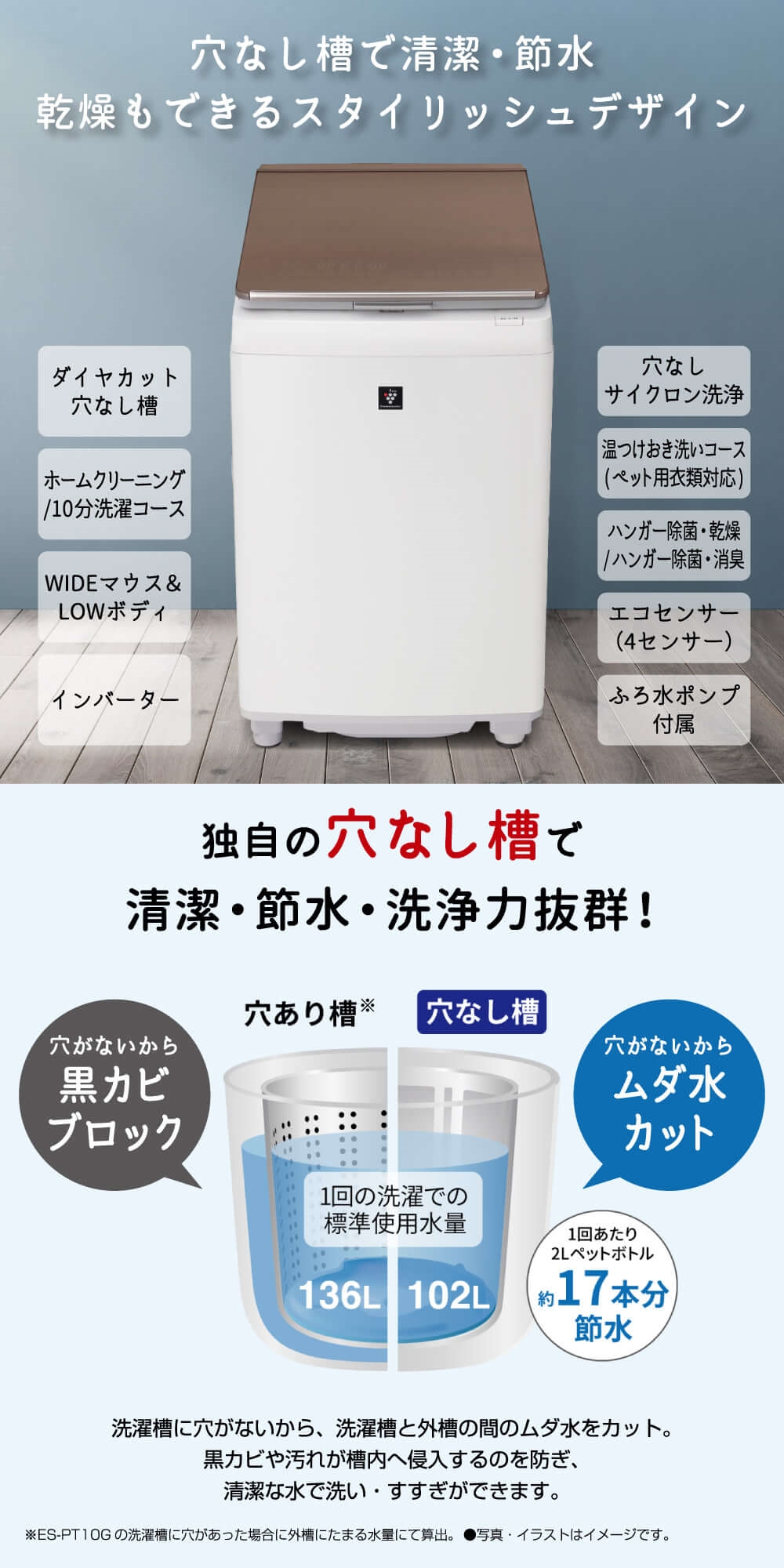SHARP ES-PT10G-T ブラウン系 [縦型洗濯乾燥機 (洗濯10.0kg/乾燥5.0kg