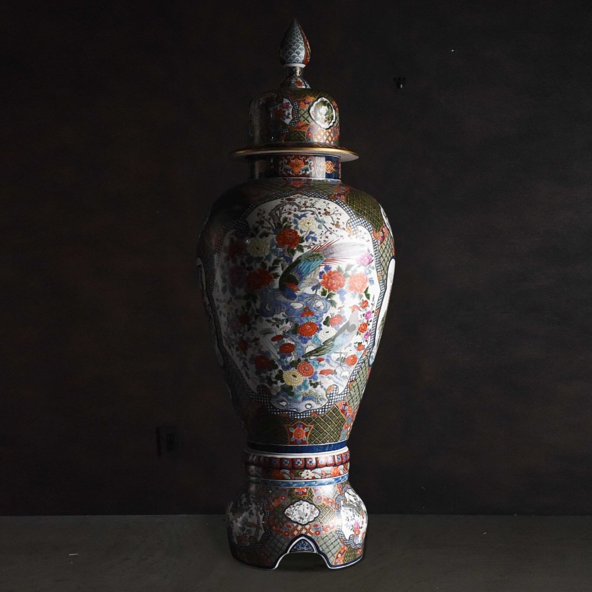 有田焼 池田視行作 二方割 花鳥文 大壺 36cm 骨董品 染錦 コレクション