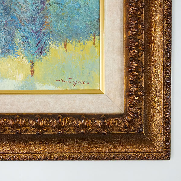 油絵 菅家令子絵 絵画インテリア額付(青緑＋金色の枠) uF6-064104 壺