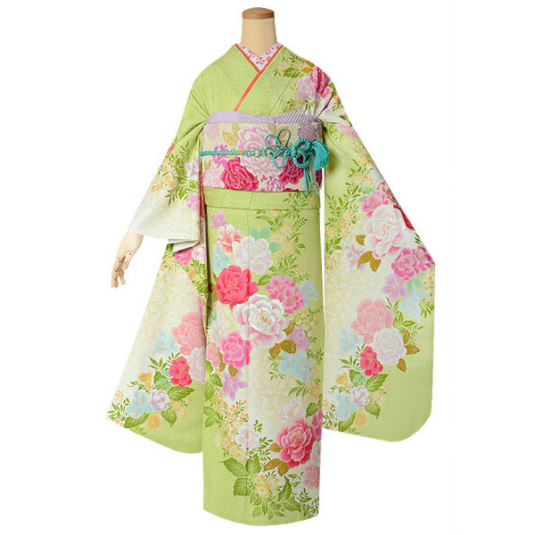 楽天市場】【成人式 振袖 レンタル】RS1558 正絹 黄緑 バラと牡丹フル