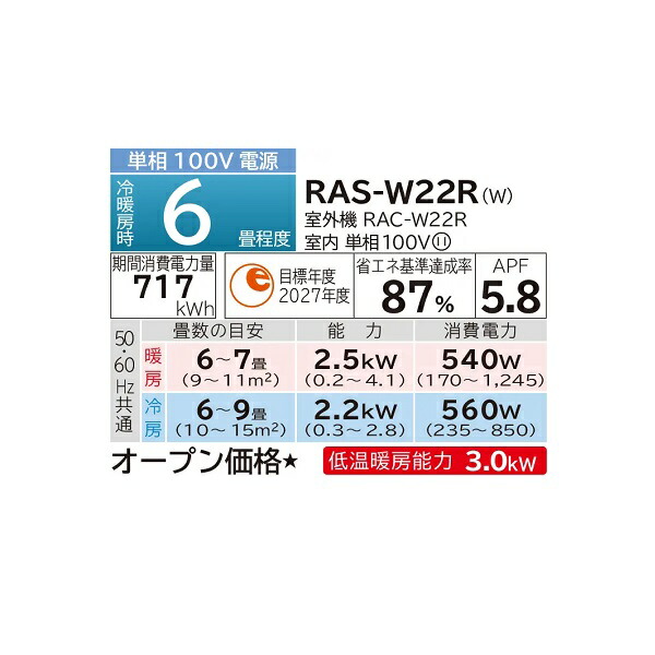 楽天市場】日立 6畳相当エアコン RAS-W22R-W(スターホワイト／2024年