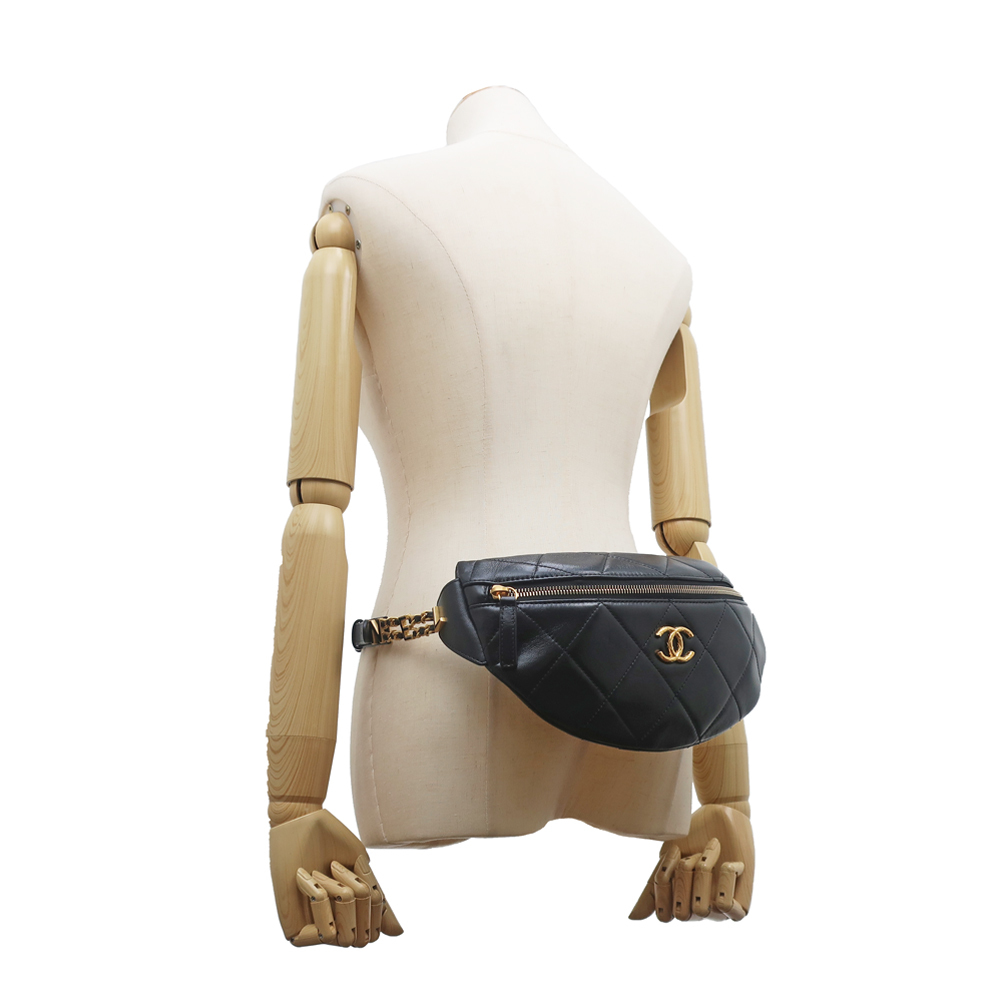 名東】【CHANEL】シャネル ウエストバッグ ラムスキン ブラック 黒