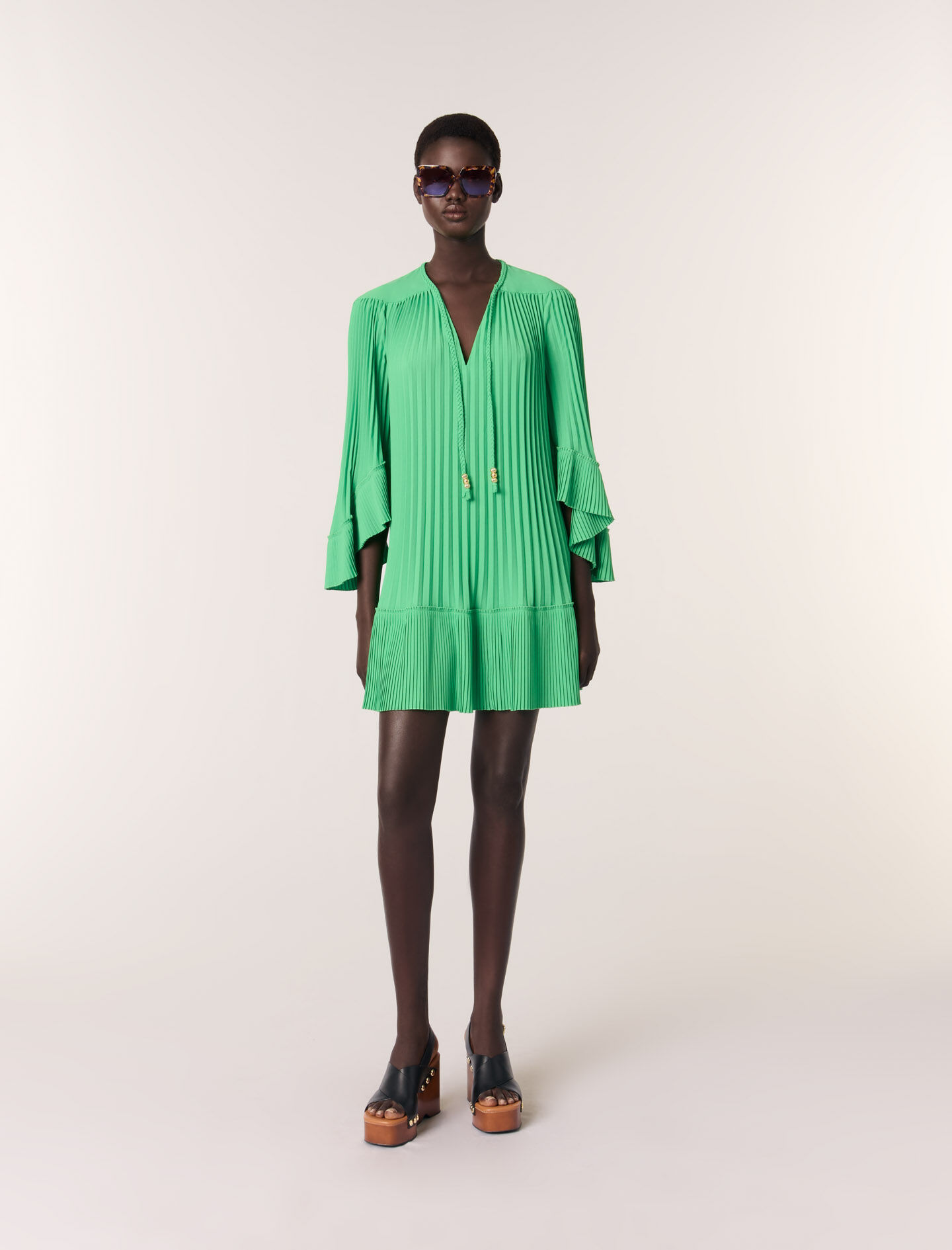 Mini pleated dress Green For Women | Maje