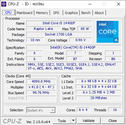 Intel Core i5 14400F @ 4090 MHz - CPU-Z VALIDATOR