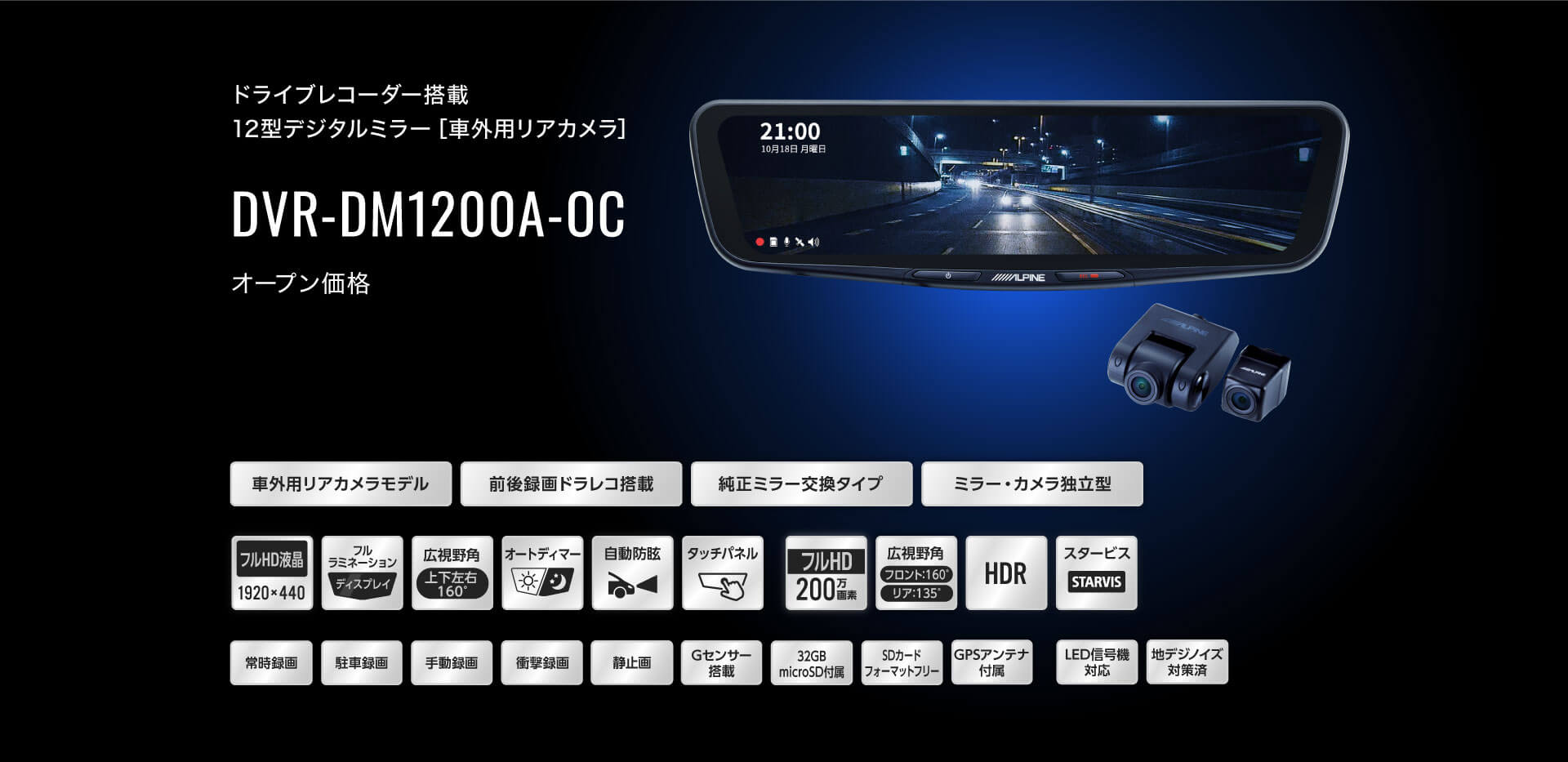 ドライブレコーダー搭載 12型デジタルミラー［車外用リアカメラ］ DVR
