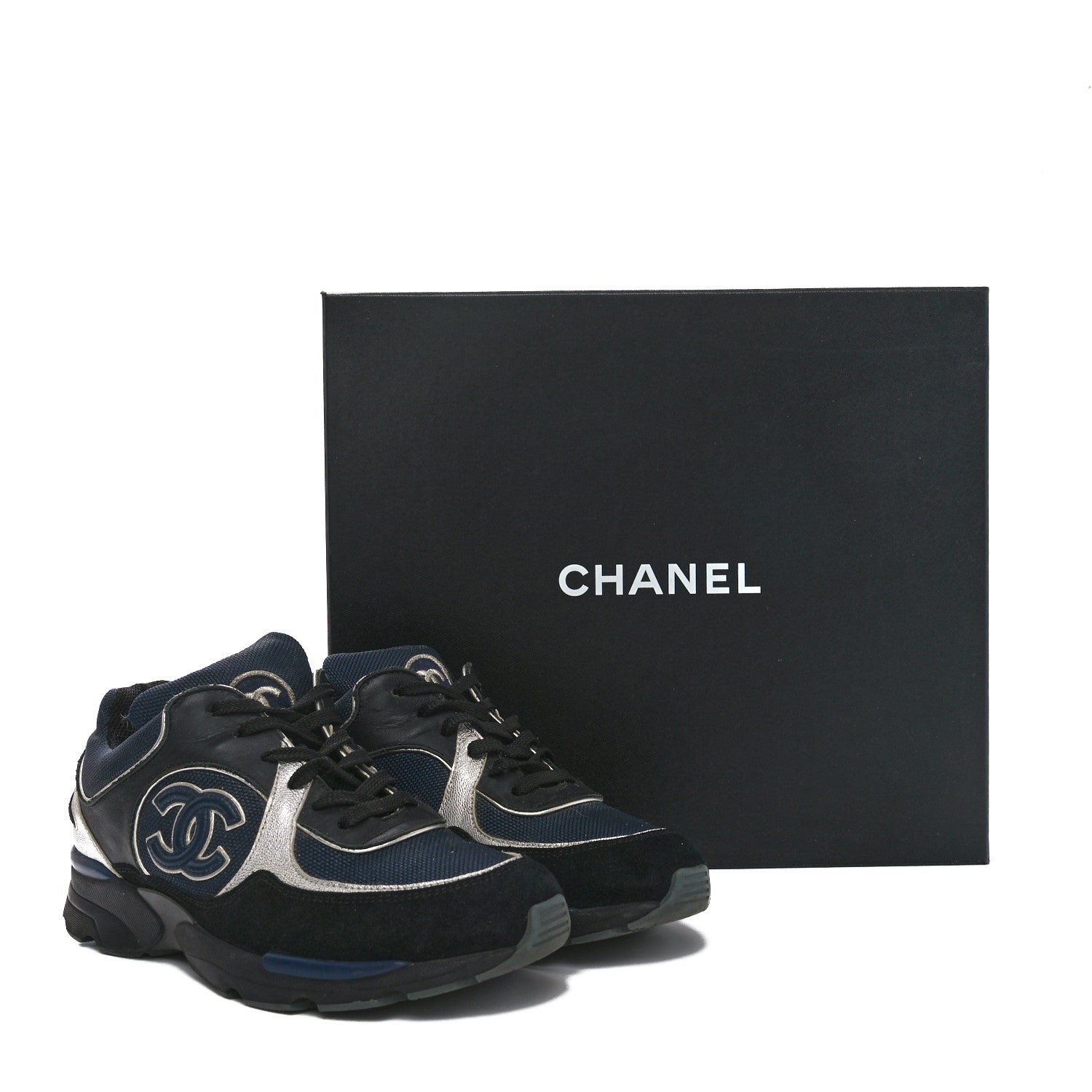 Chanel Mesh Suede Calfskin Womens CC Sneakers 36 Dark Blue Black