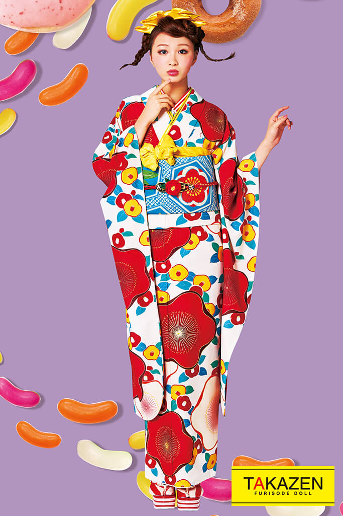 激安レトロ 白/赤 ツバキ柄 ポップ振袖ネットレンタル 目立つ 大正