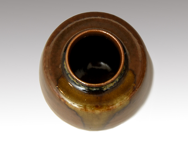 膳所焼 肩衝茶入 淡海ぜぜ 陽炎園造 共箱 象牙蓋 仕覆（獅子狩文様錦