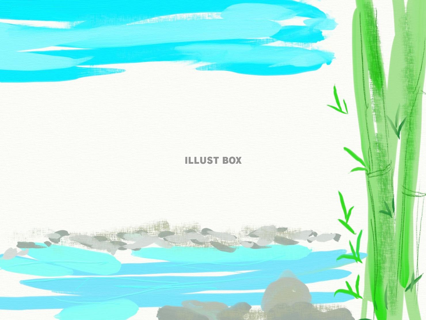 水彩風 竹林と渓流のフレーム：イラスト無料