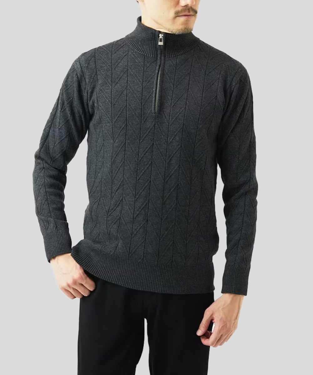 洗える/リサイクル糸使用】ハーフジップニット / ミックスヘリンボン