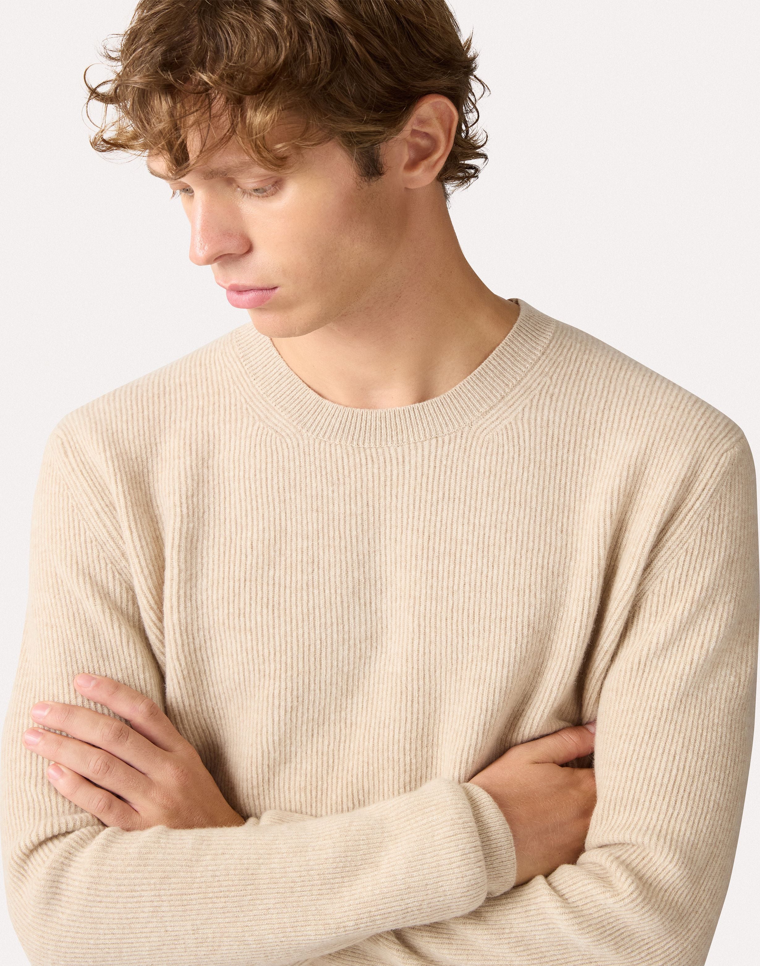 Beige crewneck sweater in wool and cashmere, white, man | Lardini