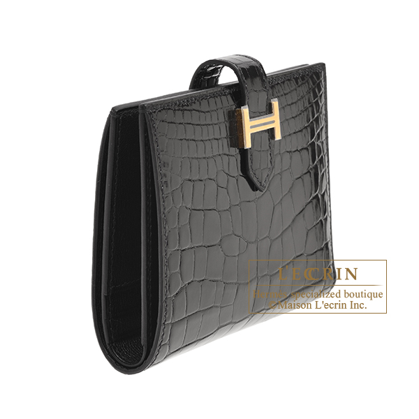 Hermes Bearn compact wallet Black Alligator crocodile skin Gold