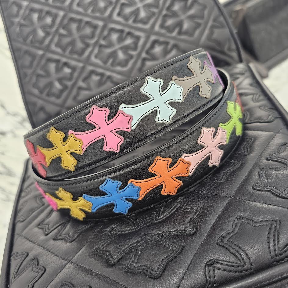 CHROME HEARTS Multi Color Cemetery Cross Patch Leather Belt Size