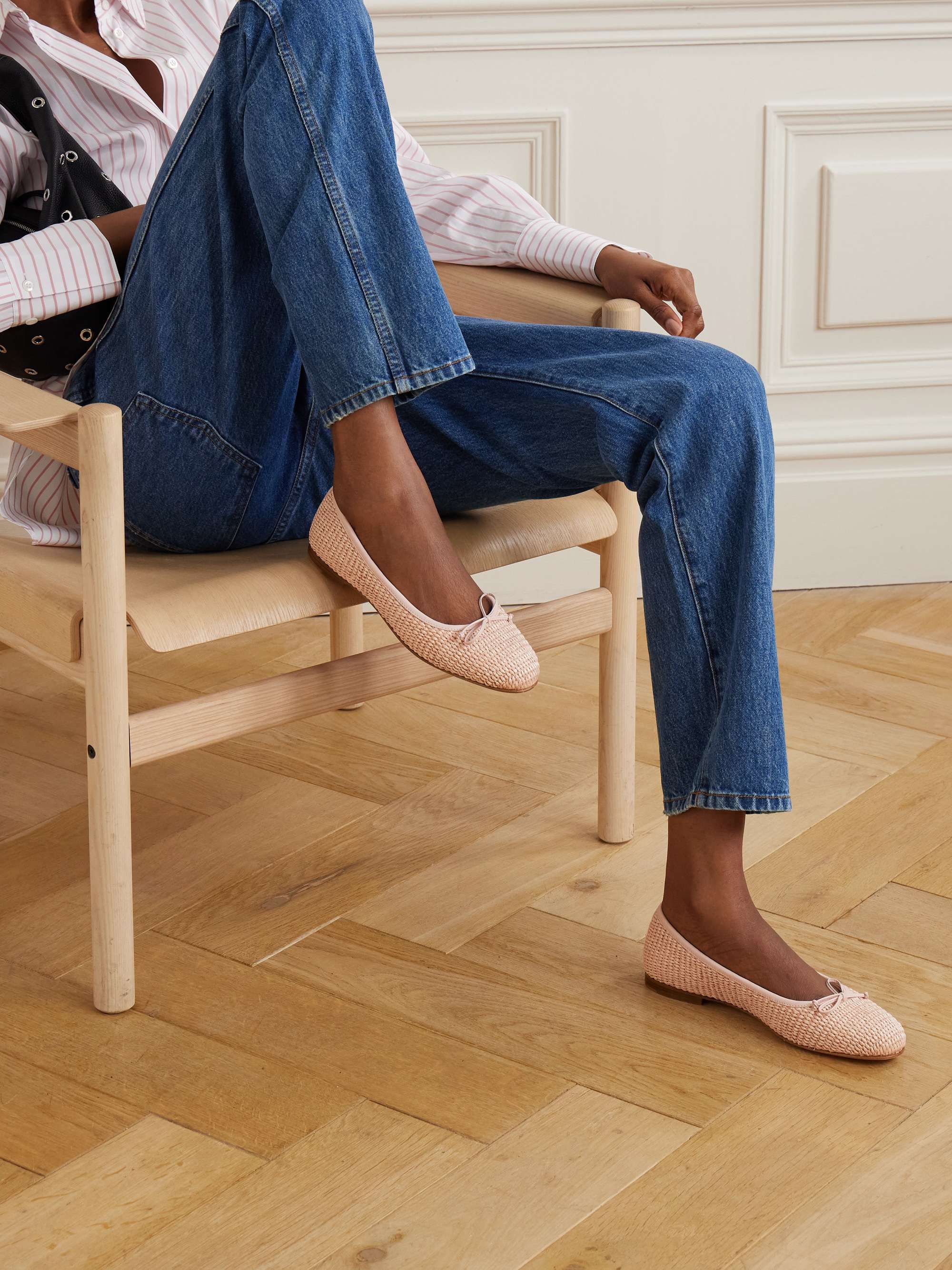 MANOLO BLAHNIK Veralli leather-trimmed raffia ballet flats | NET-A