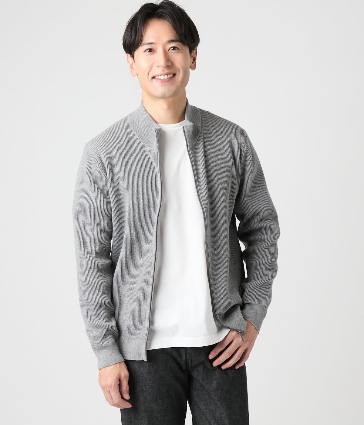 ウォッシャブル】片畦 スタンドカラーフルジップアップニット(16546526