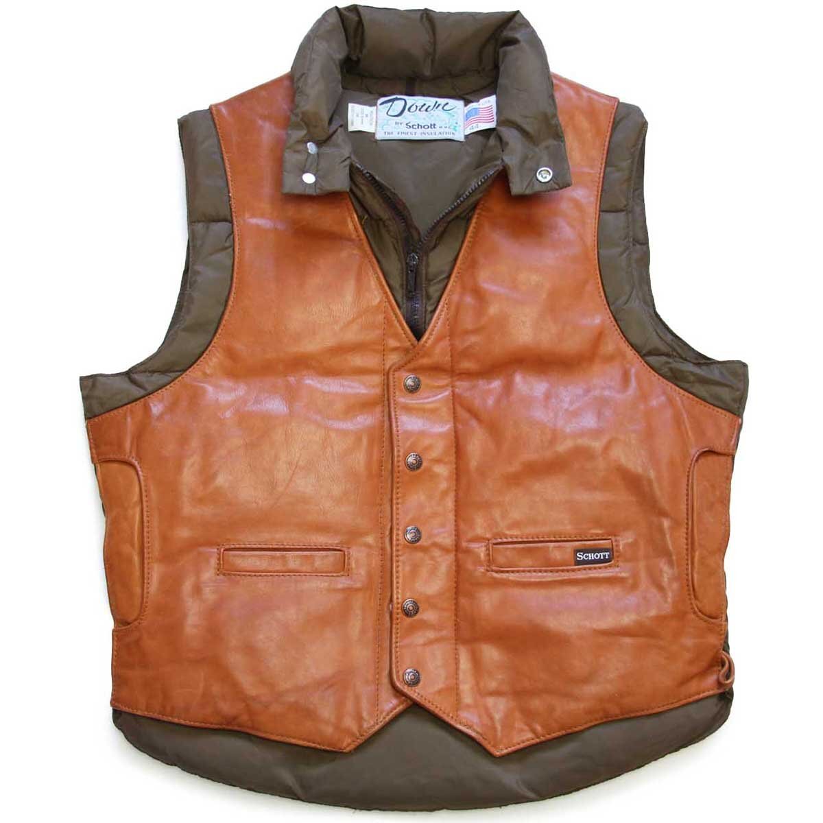 80s USA製 Schottショット ナイロン×レザー切り替え ダウンベスト 茶