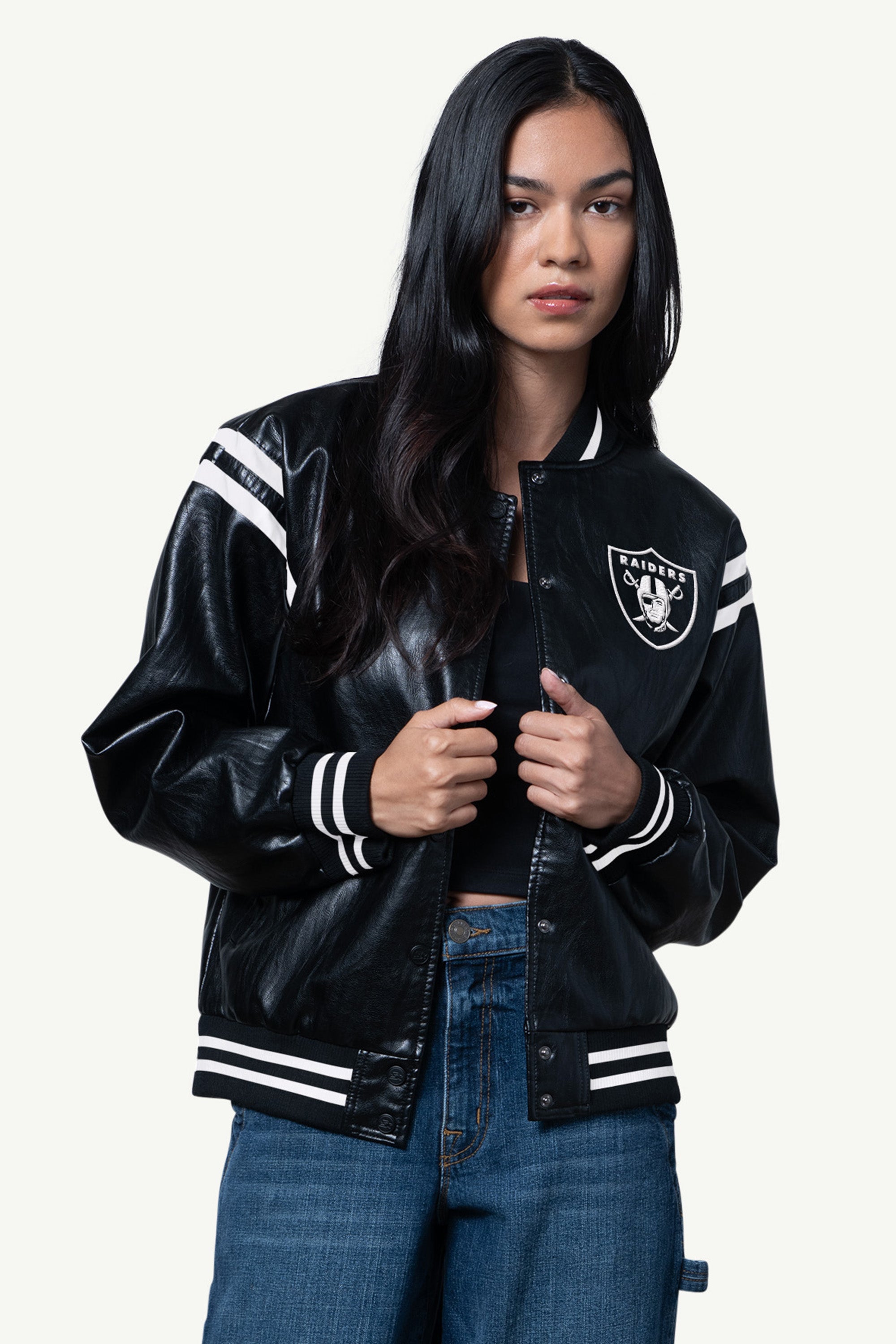 Womens Las Vegas Raiders Faux Leather Varsity Jacket | NFL | Starter