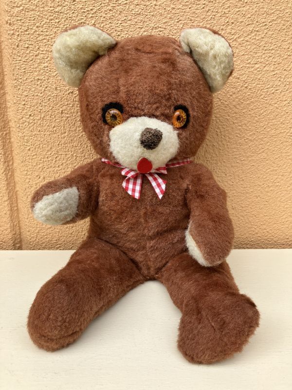Gingham Check Ribbon Old Teddy Bear くま ビンテージ ぬいぐるみ