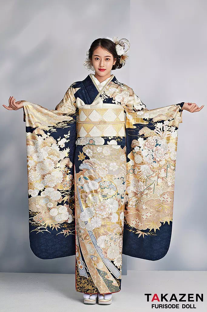 最高級古典柄振袖 関芳/最高級金彩刺繍友禅 紺/金/ネイビー 鞠柄 綺麗