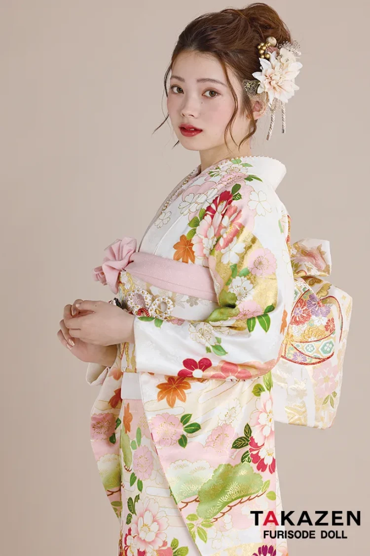 正統派古典 白/ピンク 御所車柄/牡丹柄 吉澤織物/最高級金彩手描友禅