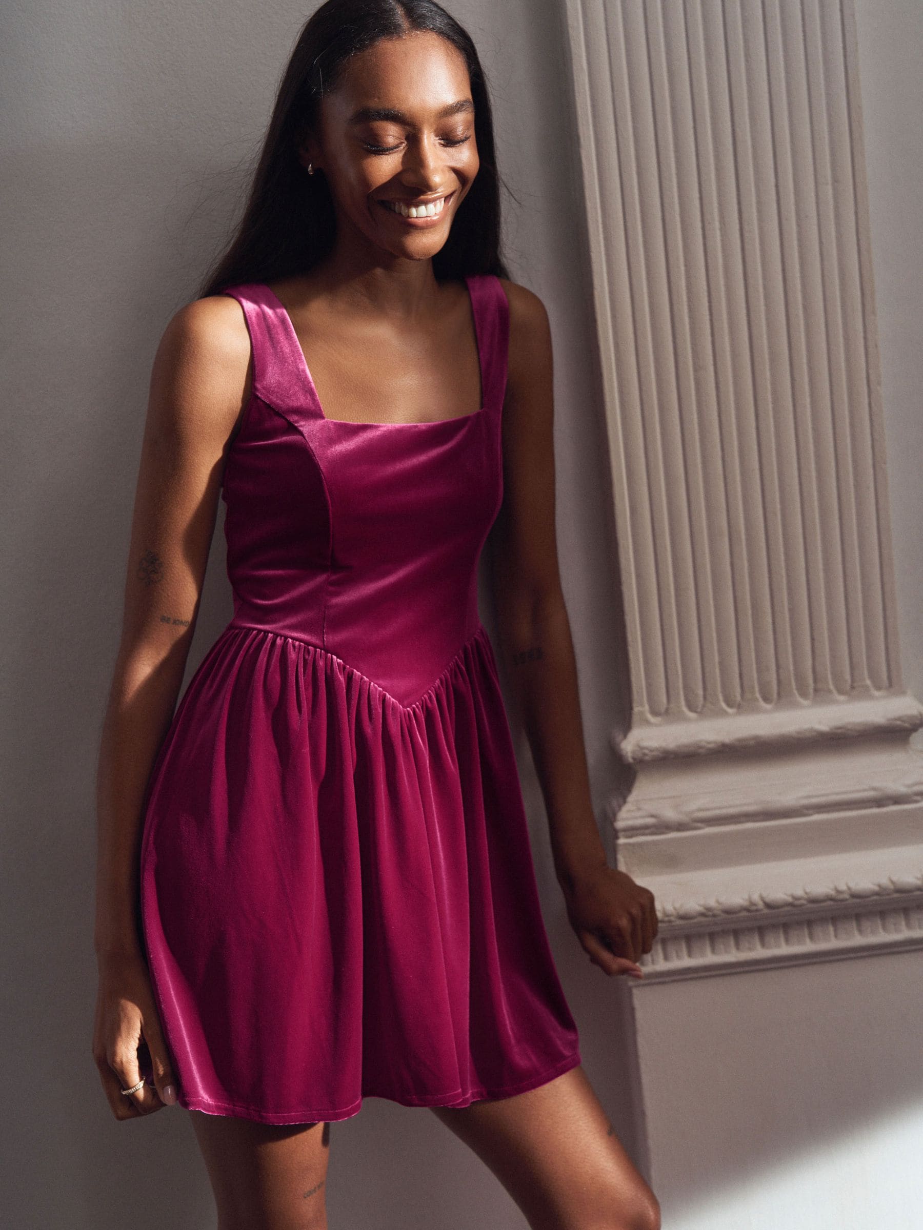 Buy Bright Pink Velvet Square Neck Waisted Mini Dress from Next India