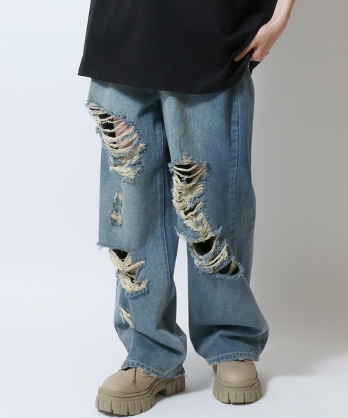 ジーンズ ハードダメージ ワイドストレート デニムパンツ オーバーダイ