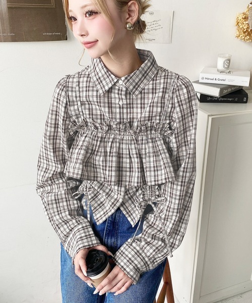 moment+ ブラウス シャツ フリルビスチェセット裾ドロストリボン長袖