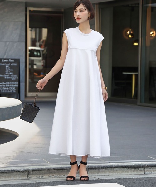 ELFRANK ワンピース 異素材ドッキングノースリーブフレアロング