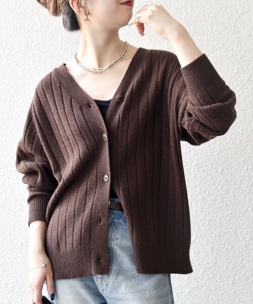SHIPS any カーディガン any:「手洗い可能」ヤク ワイドリブ Vネック