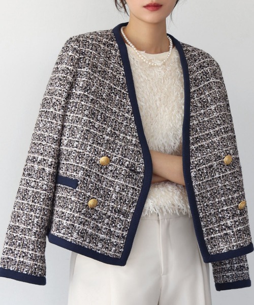 ELFRANK ジャケット ノーカラージャケット ツイードVネックショート丈