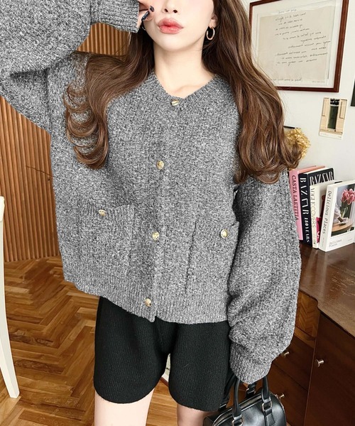 moment+ カーディガン Wポケット金ボタンツイードライクニット