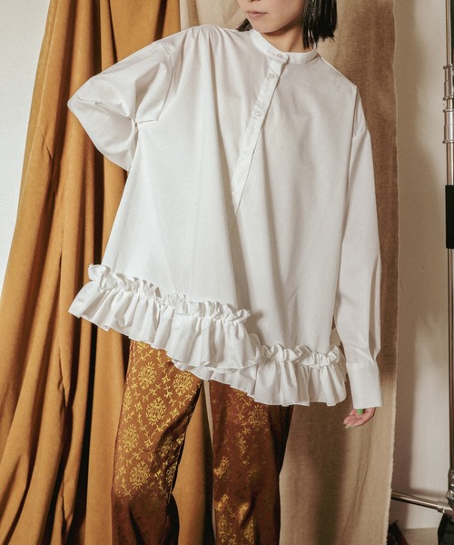 en CAnAF ブラウス シャツ ブロード裾 フリル ブラウス バンドカラー
