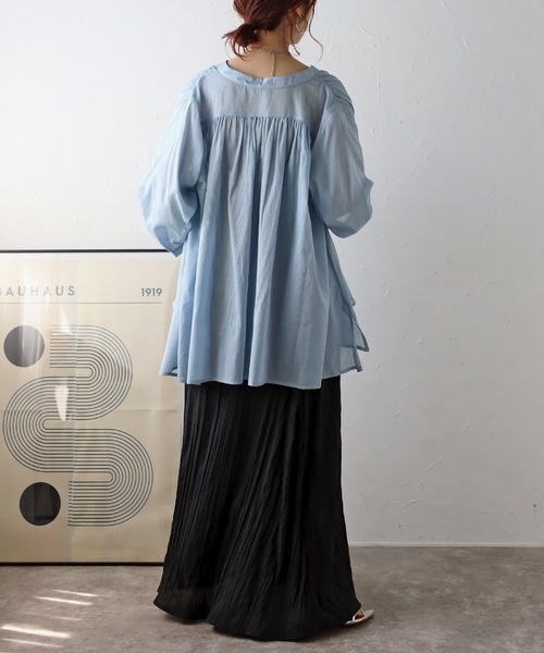 ＆HALF ブラウス シャツ ノーカラーギャザーフレアブラウス（インド綿
