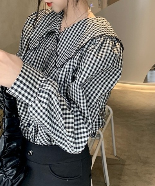 ブラウス シャツ 「26年春新作」スカラップビッグカラーギンガム