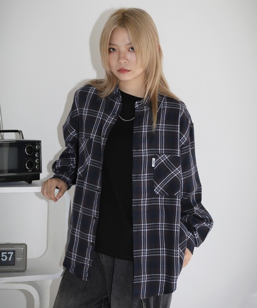 シャツ ヴィンテージ加工 オンブレチェック長袖ラウンドカットショート