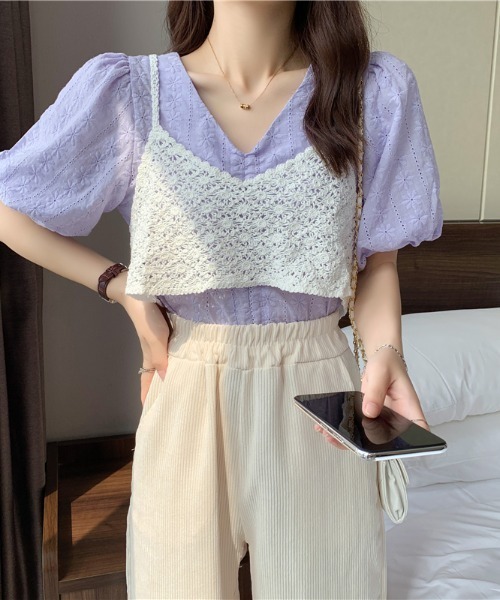 SEN TOKYO キャミソール さらっとお洒落。かぎ編み ショートVネック