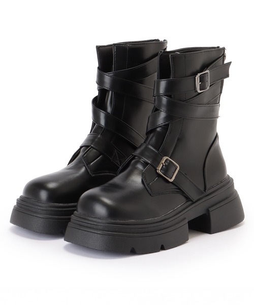 Lace Ladies（レースレディース） ブーツ レザー調 クロス ベルト 厚底
