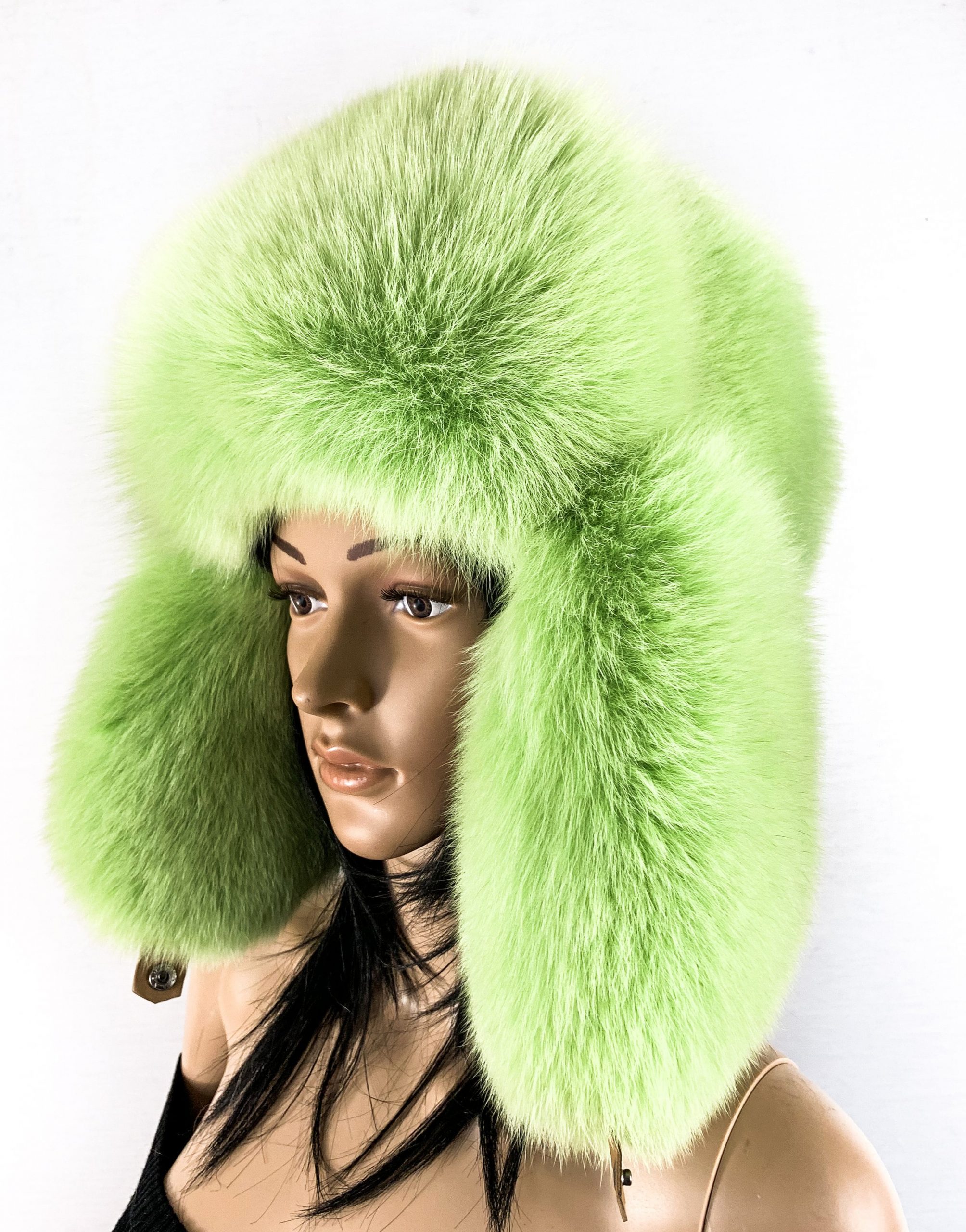Arctic Fox Fur Hat Saga Furs Trapper Hat in Light Bright Green Fur