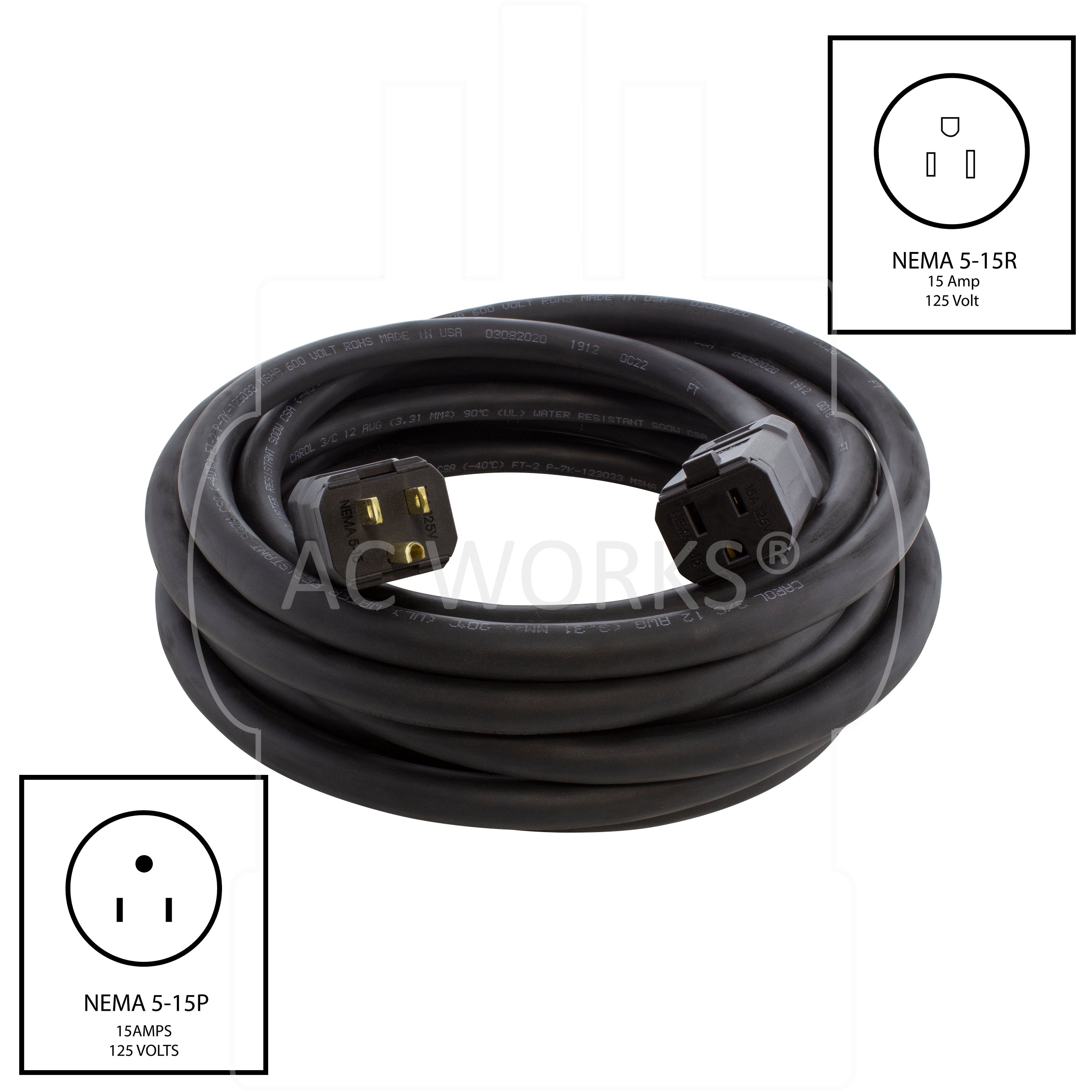 A NEMA 5-15 Heavy Duty Outdoor Rubber Extension Cord 15A 125V – AC
