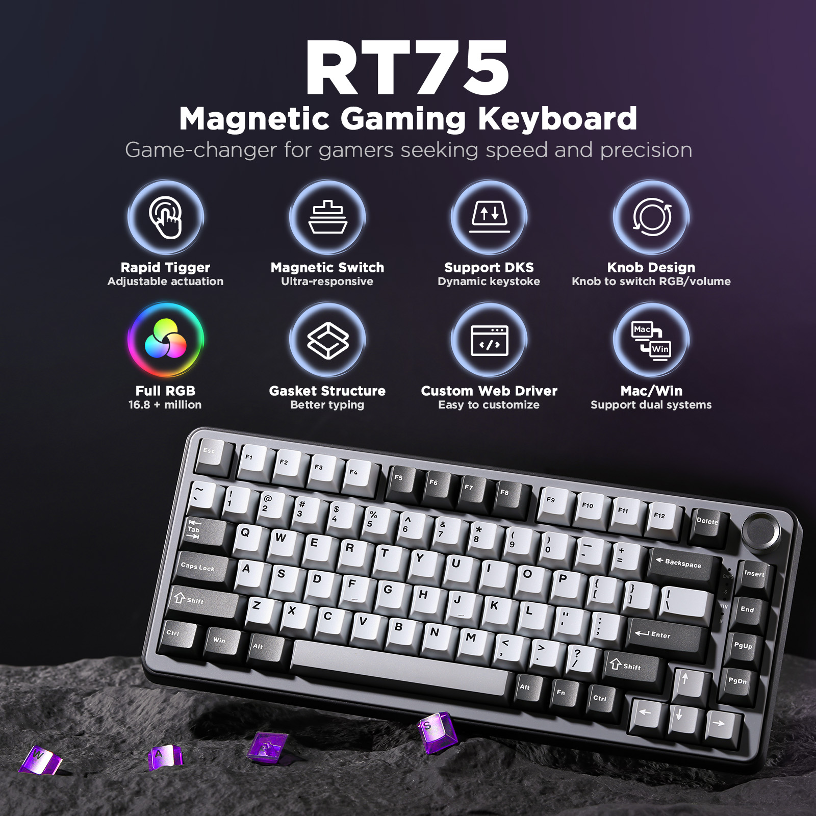 YUNZII RT75 Rapid Trigger Gaming Keyboard, Hall Effect Magnetic