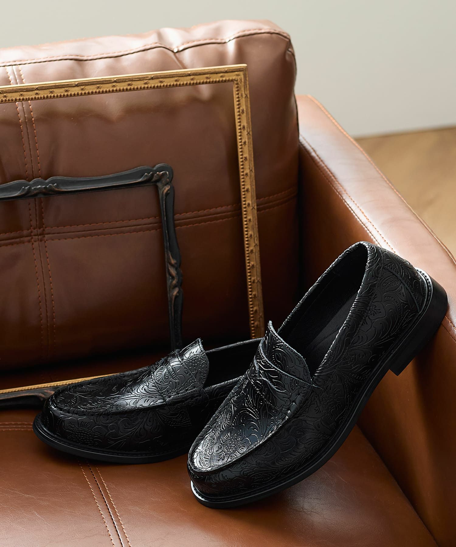 プレミアム ペイズリーエンボス レザー コイン ローファー | andex