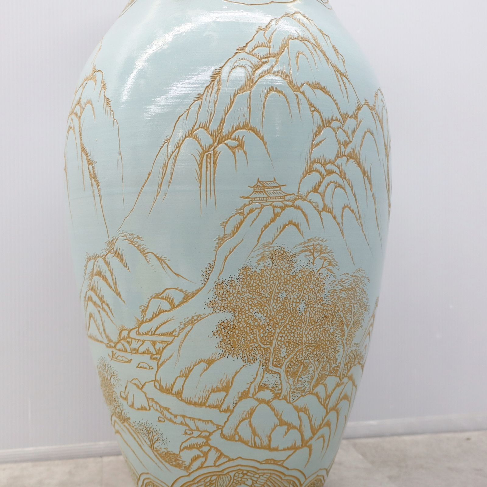 ▽骨董 古美術 ｜華壺 つぼ 花器 山水図｜東炎窯 金東和 作 東炎釉裏