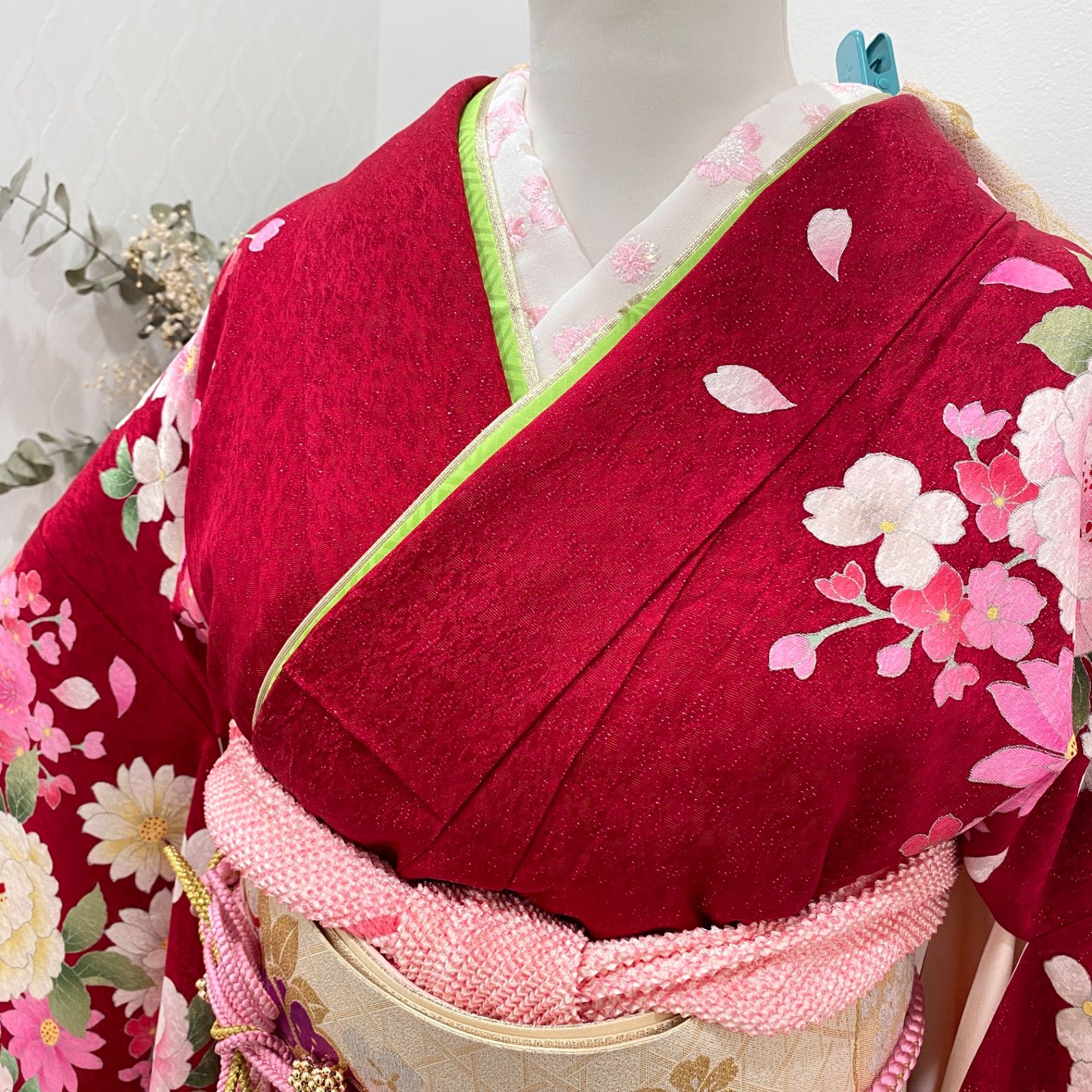 振袖 6点 セット 成人式 赤 ラメ入り 牡丹 王道 振袖 フルセット fux8