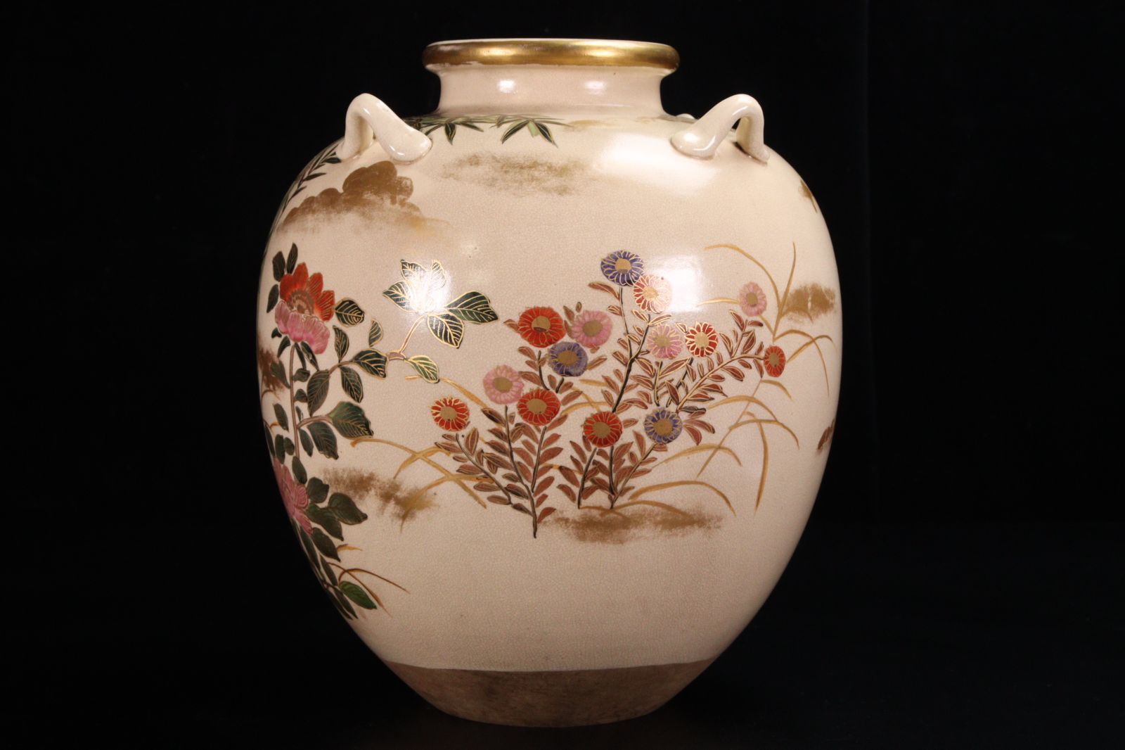 仁清焼 野々村仁清作 色絵金彩竹椿図四耳壷 28.5cm 唐物 骨董 古美術