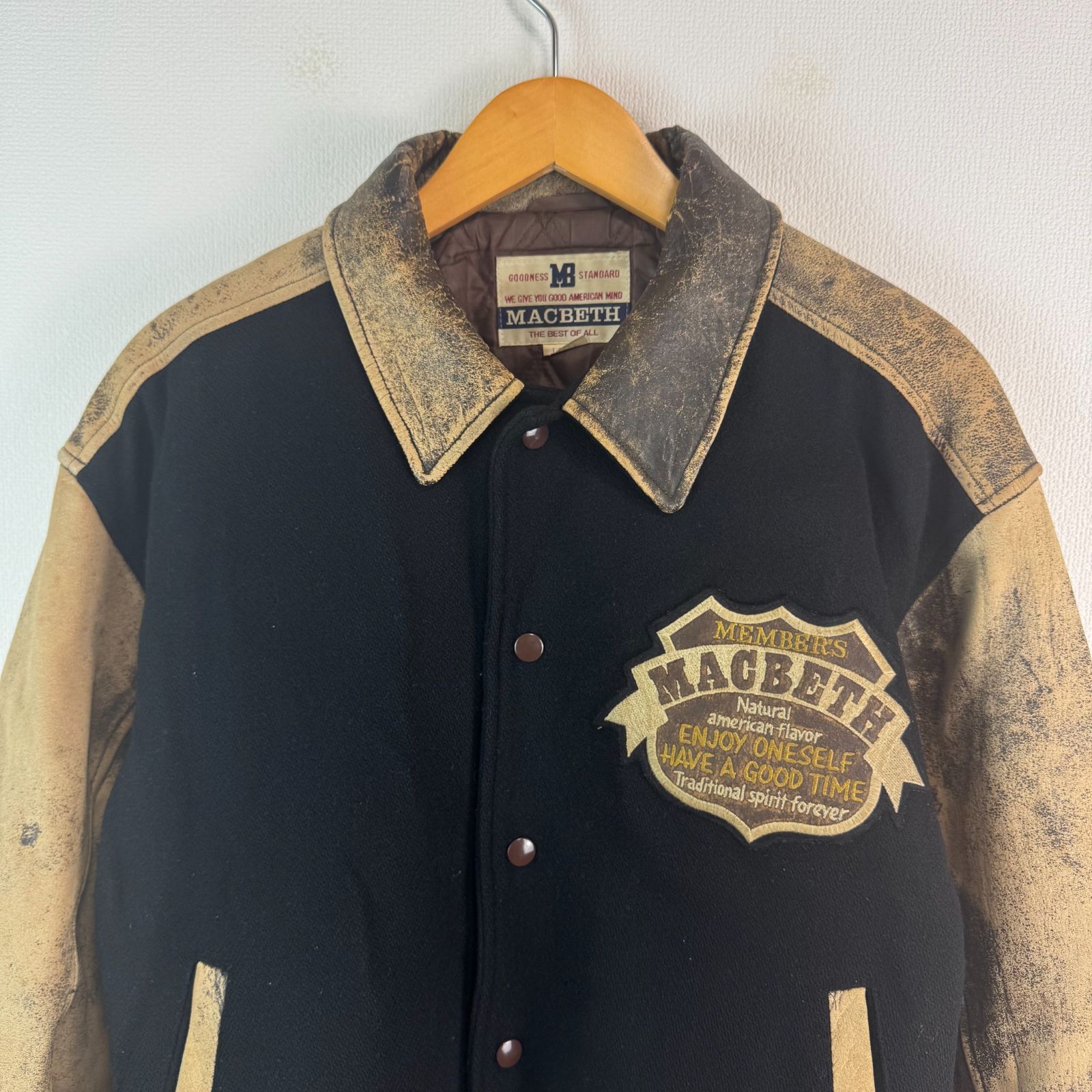 90s MACBETH マクベス スタジャン 袖レザー ブラック ブラウン
