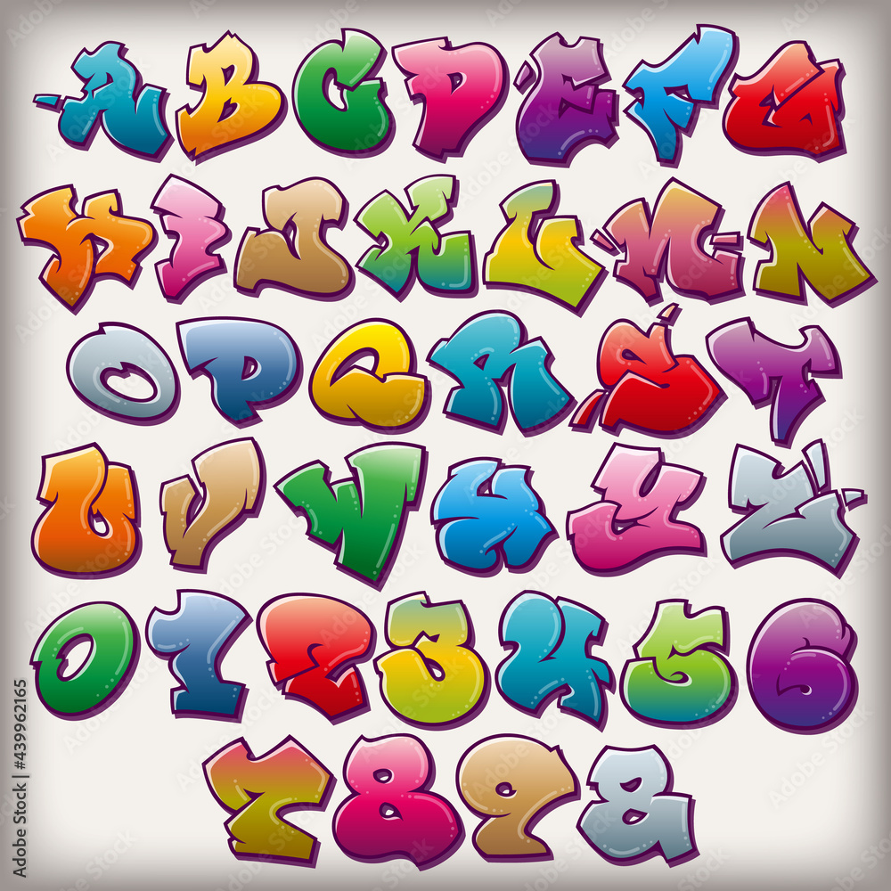 カラフルなグラフィティレターと数字のベクター素材 - Colorful